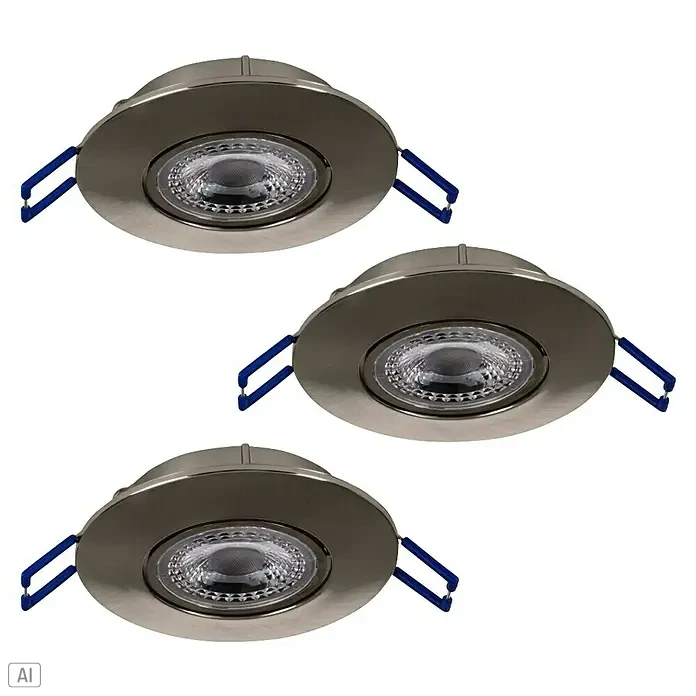 Eglo LED-Einbauleuchte Agulo - Warmweiß, Durchmesser: 85 cm, Nickel-matt - Drei runde, versenkte LED-Deckenleuchten mit gebürsteter Metallfassung und blauen Halteklammern auf schwarzem Hintergrund.