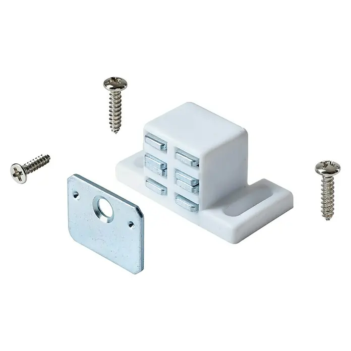 Hettich Magnetverschluss Highrise - L x B x H: 45 x 24 x 22 mm, Haftkraft: 3 kg, Weiß - Weißer Magnetverschluss aus Kunststoff mit sechs Magneten, Metallgegenplatte und drei Schrauben für Möbeltüren.