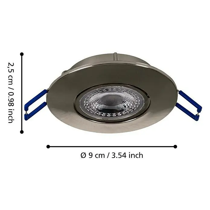 Eglo LED-Einbauleuchte Agulo - Warmweiß, Durchmesser: 85 cm, Nickel-matt - Nahaufnahme einer runden LED-Einbauleuchte in Silber mit blauen Halteklammern und Größenangaben.