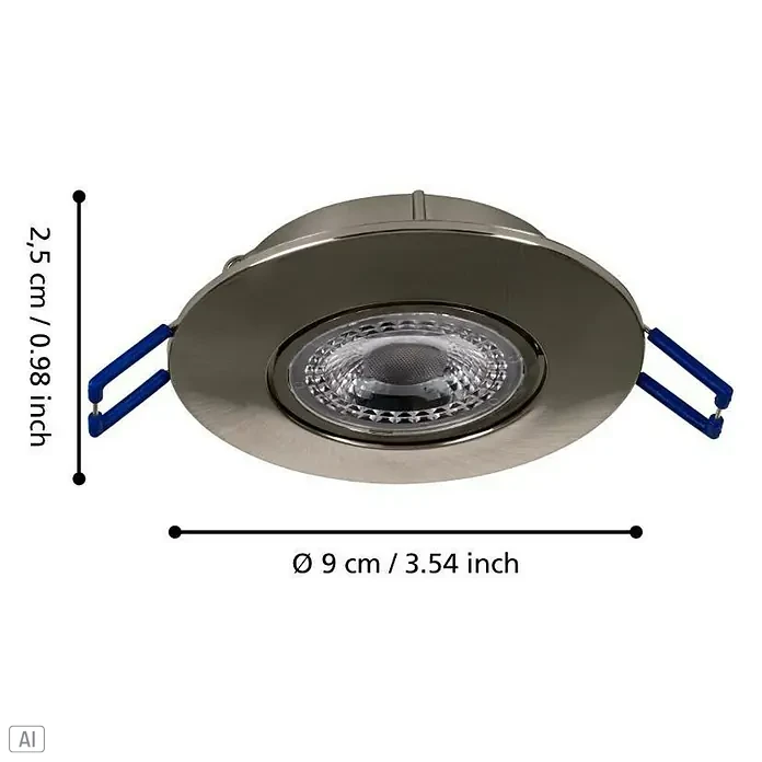 Eglo LED-Einbauleuchte Agulo - Warmweiß, Durchmesser: 85 cm, Nickel-matt - Nahaufnahme einer runden LED-Einbauleuchte in Silber mit blauen Halteklammern und Größenangaben.