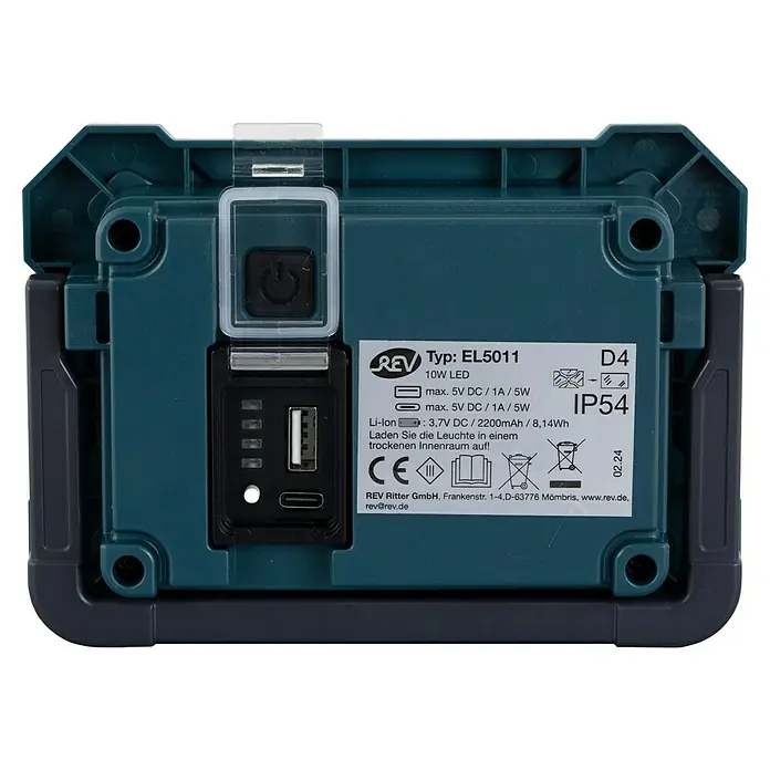 REV LED-Arbeitsleuchte Akku kompakt mit Powerbank-Funktion - 1.000 lm, Lichtfarbe: Kaltweiß, IP54 - Detailansicht der Rückseite einer REV EL5011 10W LED-Arbeitsleuchte mit Informationen zu Stromversorgung, Zertifizierungen und Hersteller.