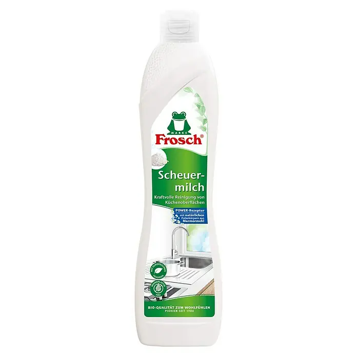 Frosch Scheuermilch - Classic, 500 ml - Weiße Frosch Scheuermilch Flasche mit grünem Etikett zur kraftvollen Küchenreinigung mit Marmormehl.