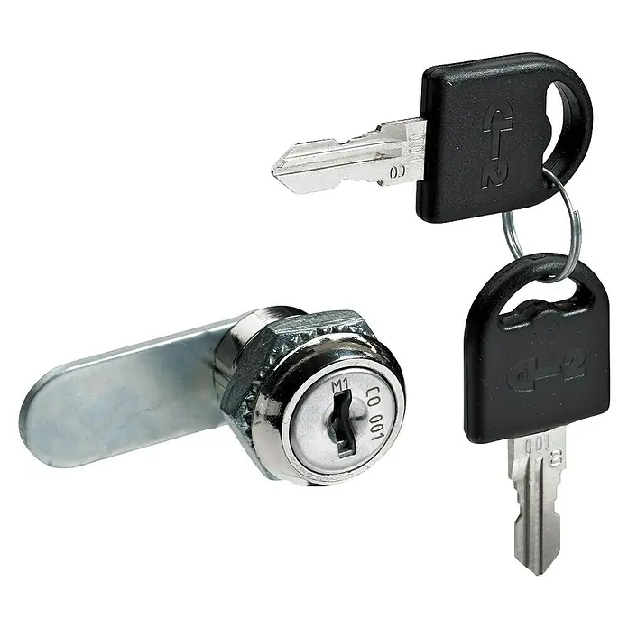Hettich Universalzylinder - Passend für: maximale Türstärke 8 mm - Silbernes Metall-Hebelschloss für Möbel mit zwei schwarzen und silbernen Schlüsseln.