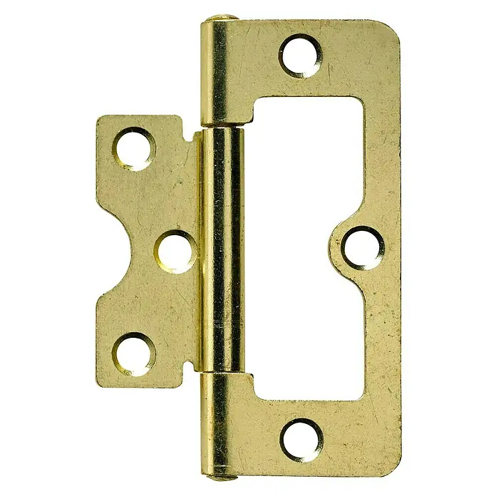 Stabilit ScharnierLänge: 75 mm - Nahaufnahme eines goldenen Türscharniers mit abgerundeten Ecken und Schraubenlöchern vor einem schwarzen Hintergrund.