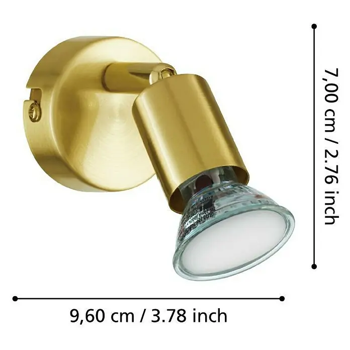 Eglo Buzz-LED Deckenstrahler BUZZ-LED - 2,8 W, Gold, GU10, 1 Stk. - Nahaufnahme einer goldenen Wandlampe mit Messingfinish und den Maßen 7,00 cm x 9,60 cm.