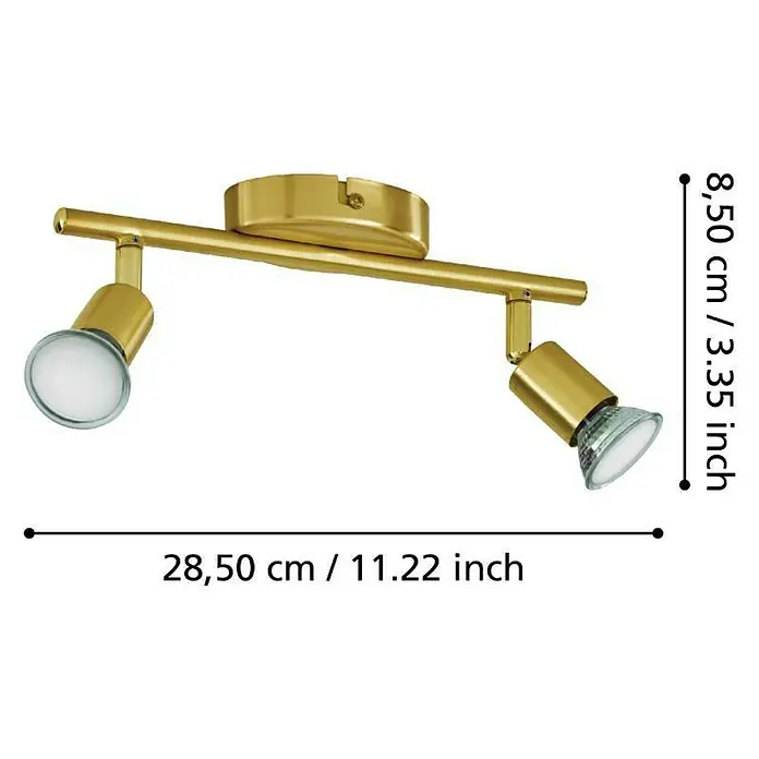 Eglo Buzz-LED Deckenstrahler BUZZ-LED - 5,6 W, Gold, GU10, 2 Stk. - Nahaufnahme einer goldenen Doppelstrahler-Deckenleuchte mit Maßangaben.