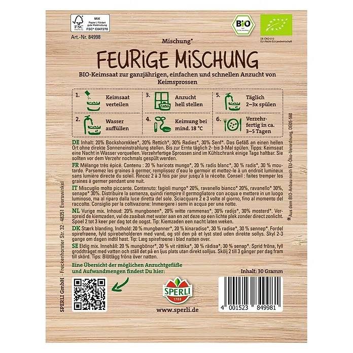 Sperli Gemüsesamen - Keimsprossen Feurige Mischung - Bild einer Samenpackung für scharfe Sprossenmischung von Sperli.