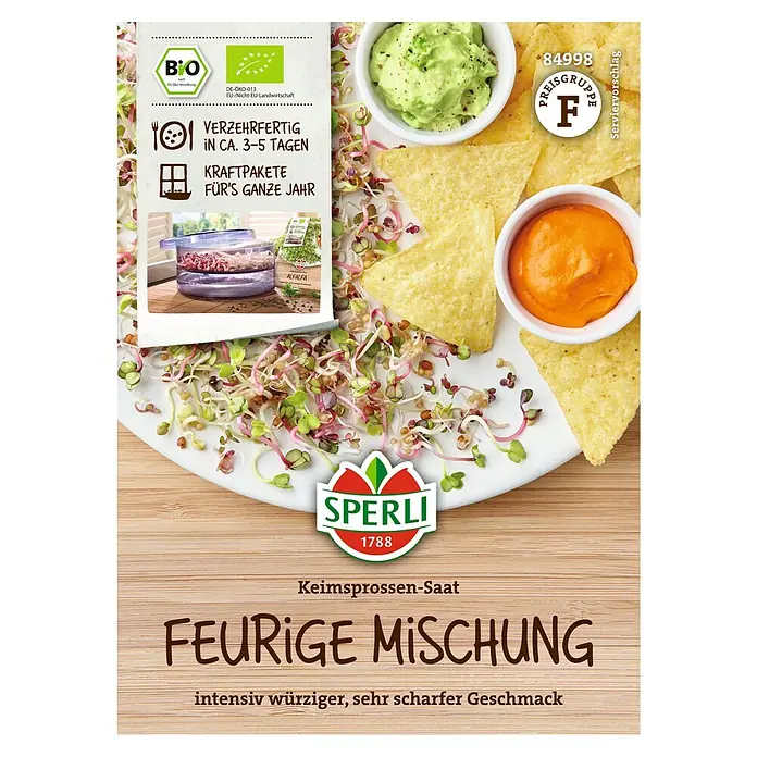Sperli Gemüsesamen - Keimsprossen Feurige Mischung - Produktbild von "Sperli Feurige Mischung Keimsprossen-Saat", einer scharfen Sprossenmischung, perfekt für würzige Gerichte.