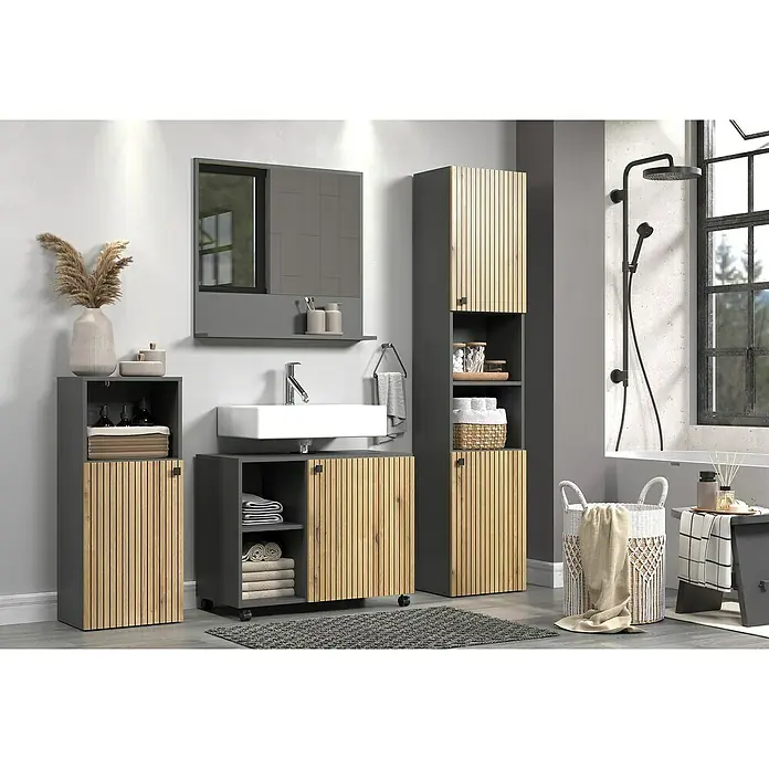 Trendteam Niklas Ablagespiegel - 80 x 14 x 74 cm, Anthrazit - Elegantes Badezimmer-Set mit Waschbeckenunterschrank, Hochschrank und Spiegel, perfekt für moderne Bäder.