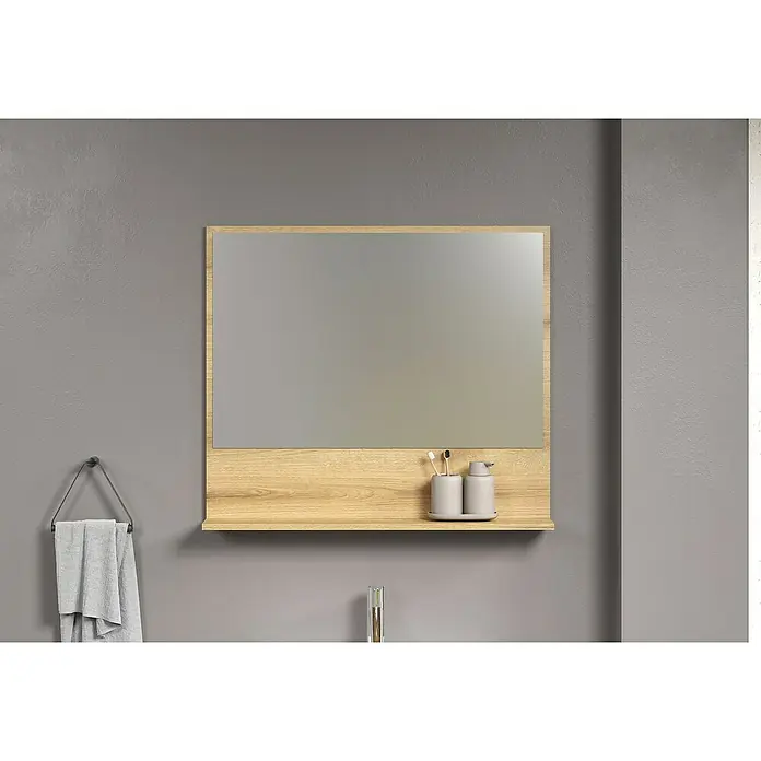 Trendteam Niklas Ablagespiegel - 80 x 14 x 74 cm, Evoke Eiche - Wandmontierter Badezimmerspiegel mit Holzrahmen und Ablagefläche. Ideal für die Aufbewahrung von Hygieneartikeln und zur stilvollen Dekoration des Bades.