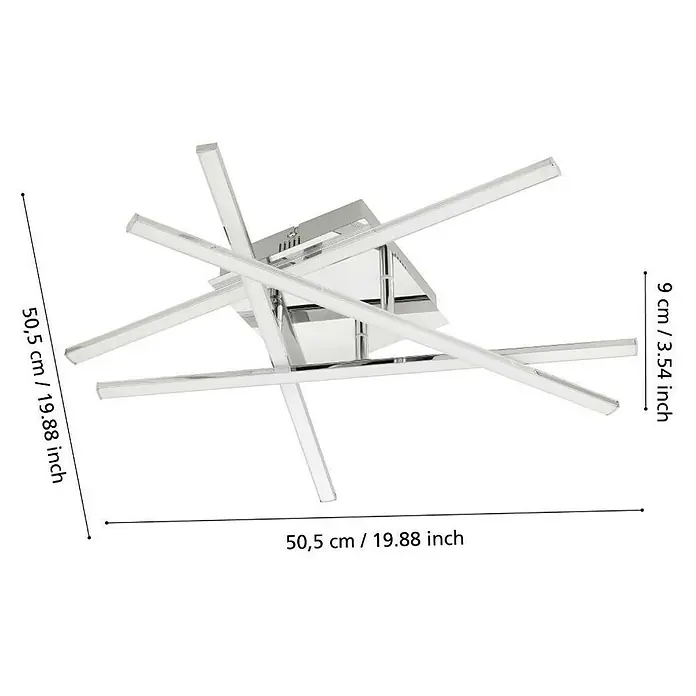 Eglo LED-Deckenleuchte Lasana 1 - 24 W, L x B x H: 50 x 50 x 9,5 cm, Chrom - Nahaufnahme einer modernen Deckenleuchte aus Chrom mit LED-Streifen und Maßangaben.