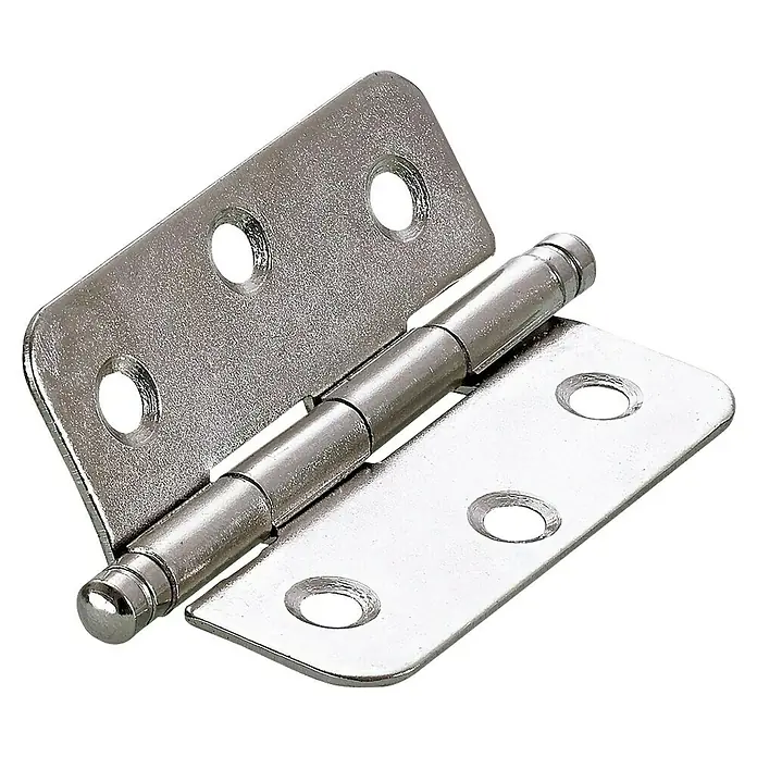 Hettich Zierscharnier - L x B: 50 x 40 mm, Stahl, Vernickelt - Nahaufnahme eines silberfarbenen Türbandes mit sichtbaren Schraubenlöchern und einem zylindrischen Stift. Detailansicht für Bauanleitungen.