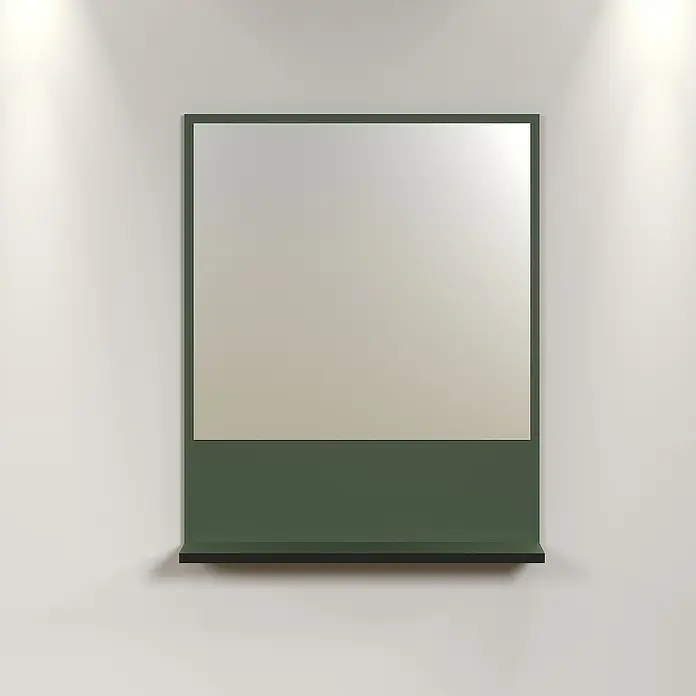 Trendteam Niklas Ablagespiegel - 60 x 14 x 74 cm, Grün - Ein rechteckiger Spiegel mit einem grünen Rahmen und Ablage, hängt an einer weißen Wand, beleuchtet von zwei Strahlern.