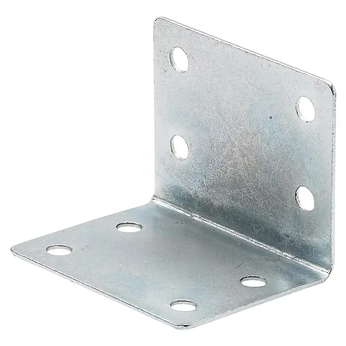Hettich Winkelverbinder - L x B x H: 40 x 32 x 32 mm, Verzinkt, Silber - Ein silberfarbener, rechtwinkliger Winkelverbinder mit mehreren Löchern auf beiden Seiten zur Befestigung verschiedener Materialien.