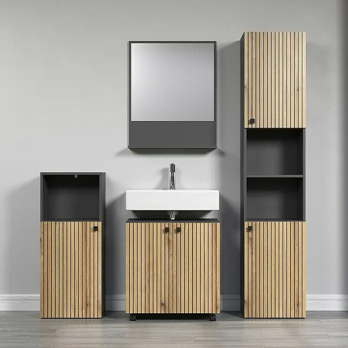 Trendteam Niklas Ablagespiegel - 60 x 14 x 74 cm, Anthrazit - Badezimmer-Set mit Waschbecken, Spiegelschrank und Hochschrank in modernem Design mit Holz- und Anthrazit-Akzenten.