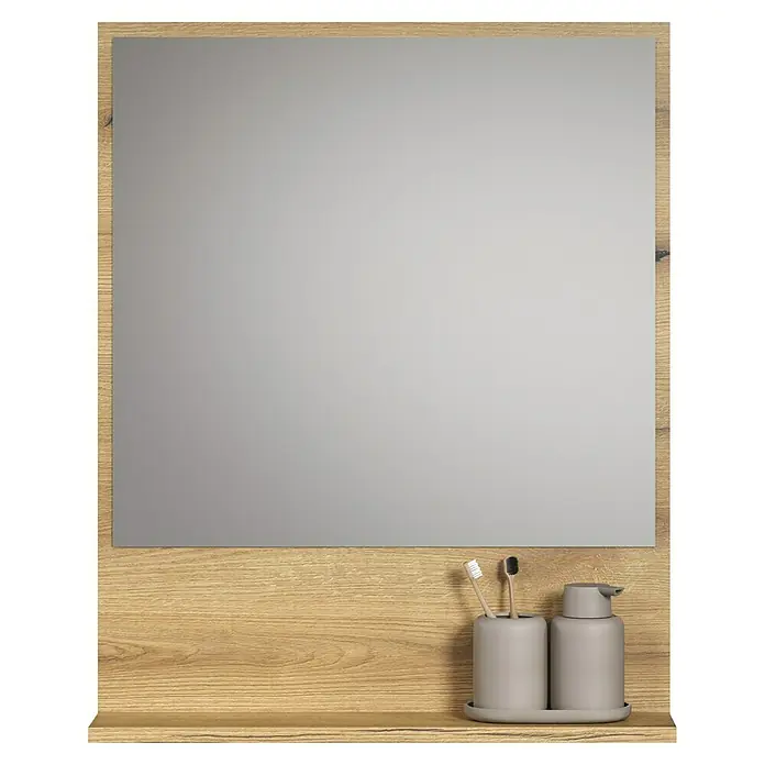 Trendteam Niklas Ablagespiegel - 60 x 14 x 74 cm, Evoke Eiche - Spiegel mit hellem Holzschrank. Regal mit grauem Zahnbürstenhalter, zwei Bürsten und passendem Spender auf einem Tablett.