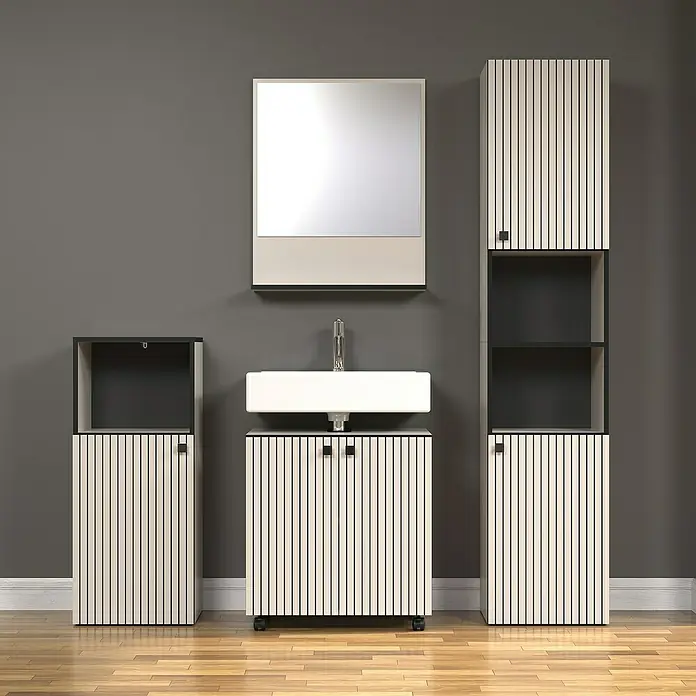 Trendteam Niklas Hochschrank - B x T x H: 40 x 31 x 186 cm, Kashmir, Strukturiert - Badezimmer-Set mit Waschbeckenunterschrank, Hängeschrank und Spiegelschrank in modernem Design. Elegante Badmöbel für ein stilvolles Ambiente.