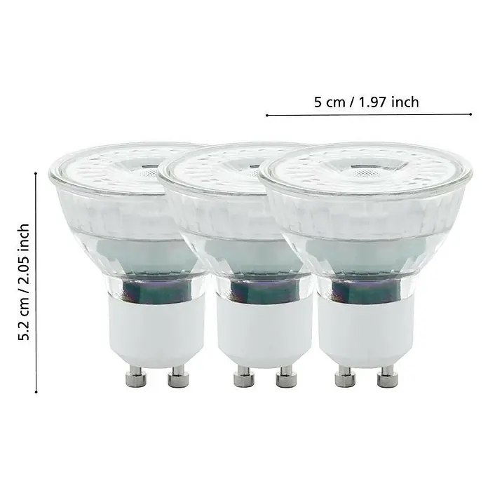 Eglo LED-Lampen Set 3er Set - GU10, Nicht Dimmbar, Warmweiß, 345 lm, 4,5 W - Bild von drei GU10 LED-Lampen mit den Maßen 5 cm Durchmesser und 5,2 cm Höhe für energiesparende Beleuchtung.