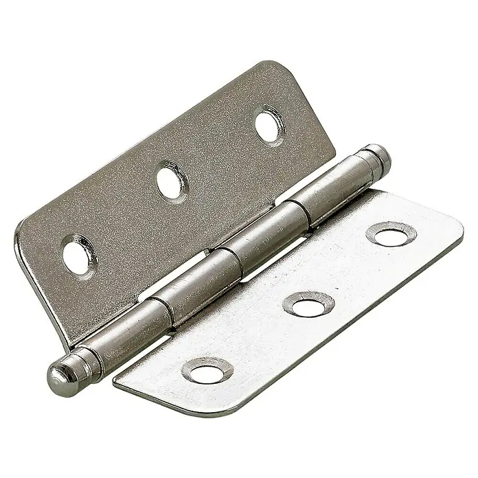 Hettich Zierscharnier - L x B: 60 x 40 mm, Stahl, Vernickelt - Detailaufnahme eines Türbandes aus Metall, das seine robuste Konstruktion und Funktionalität für Türbefestigungen zeigt.