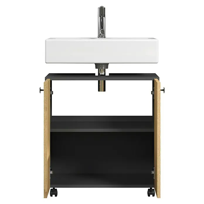 Trendteam Niklas Waschtischunterschrank - B x T x H: 60 x 42 x 64 cm, Evoke Eiche/Anthrazit, Strukturiert - Rechteckiges weißes Waschbecken mit Chromarmatur auf offenem Waschtischunterschrank aus hellem Holz und Dunkelgrau mit Regalen und Rollen.