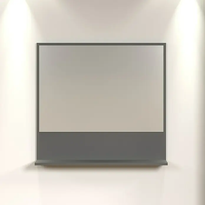 Trendteam Niklas Ablagespiegel - 80 x 14 x 74 cm, Anthrazit - Elegantes, graues Display mit Regal an einer Wand mit Spotbeleuchtung, ideal zur Präsentation von Produkten oder Informationen.
