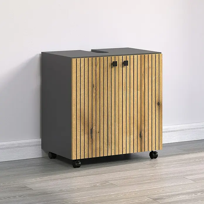 Trendteam Niklas Waschtischunterschrank - B x T x H: 60 x 42 x 64 cm, Evoke Eiche/Anthrazit, Strukturiert - Ein stilvoller Waschtischunterschrank in Grau und Holzoptik mit vertikalen Lamellen und schwarzen Griffen, ideal für moderne Badezimmer.