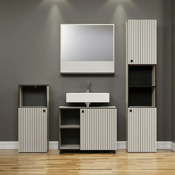Trendteam Niklas Midischrank - B x T x H: 40 x 31 x 95 cm, Kashmir, Strukturiert - Badezimmermöbel-Set in Weiß und Schwarz. Das Set besteht aus einem Waschbeckenunterschrank, einem Hochschrank und einem kleinen Schrank.