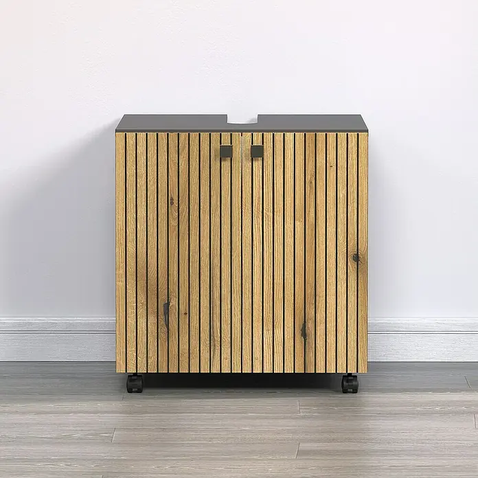 Trendteam Niklas Waschtischunterschrank - B x T x H: 60 x 42 x 64 cm, Evoke Eiche/Anthrazit, Strukturiert - Moderner Badezimmerschrank in Holzoptik mit vertikalen Lamellen und schwarzen Akzenten für ein stilvolles Ambiente.