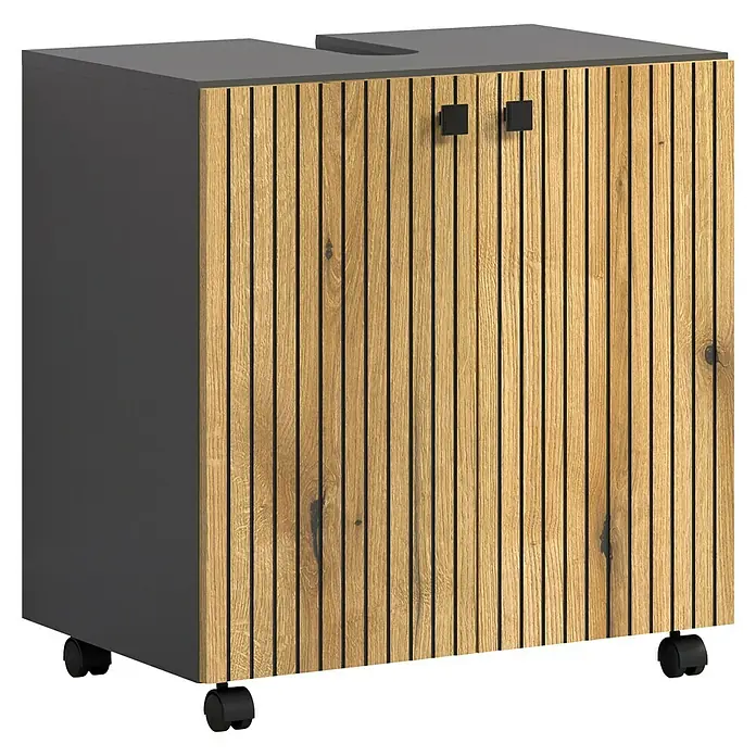 Trendteam Niklas Waschtischunterschrank - B x T x H: 60 x 42 x 64 cm, Evoke Eiche/Anthrazit, Strukturiert - Dunkelgrauer Rollcontainer mit Holzlamellenfront, schwarzen Griffen und Oberplattenaussparung.