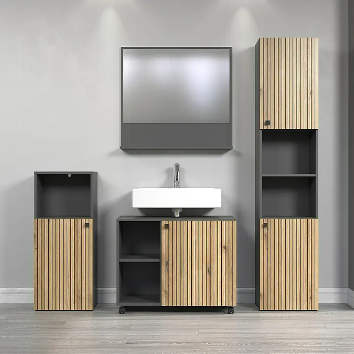 Trendteam Niklas Ablagespiegel - 80 x 14 x 74 cm, Anthrazit - Badezimmerset mit einem Waschbeckenunterschrank mit Spiegel, einem Hochschrank und einem kleinen Schrank in Grau und Holzoptik.