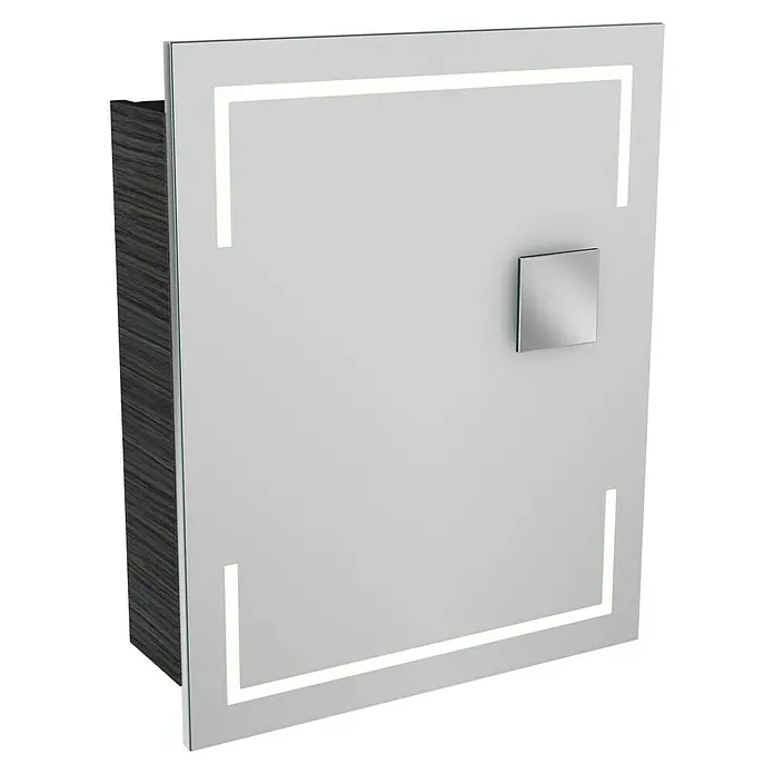 Camargue Stella LED-Spiegelschrank - B x H: 60 x 73,7 cm, Holz, Dark Oak, DIN Anschlag: Links, Kantenausführung Tür: Eckig - Bild eines Spiegelschranks mit LED-Beleuchtung und Holzseitenwand.