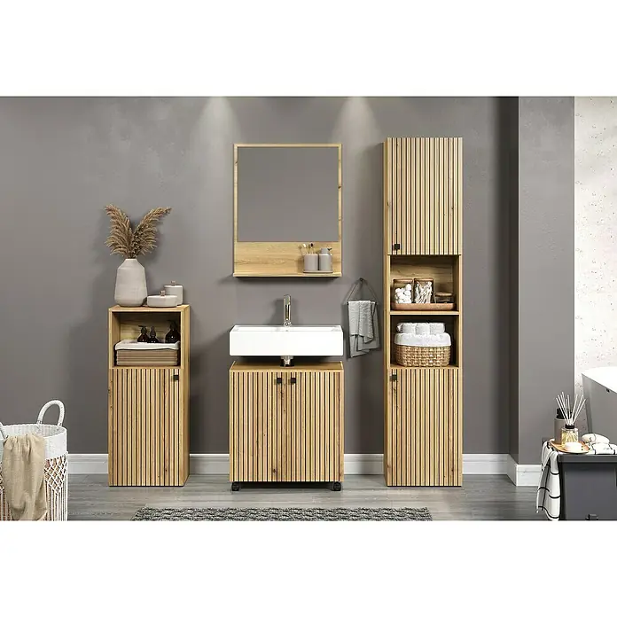 Trendteam Niklas Ablagespiegel - 60 x 14 x 74 cm, Evoke Eiche - Helles Badezimmer-Set mit Holzschrank, Waschbecken, Spiegel und Ablage für stilvolle Badgestaltung.