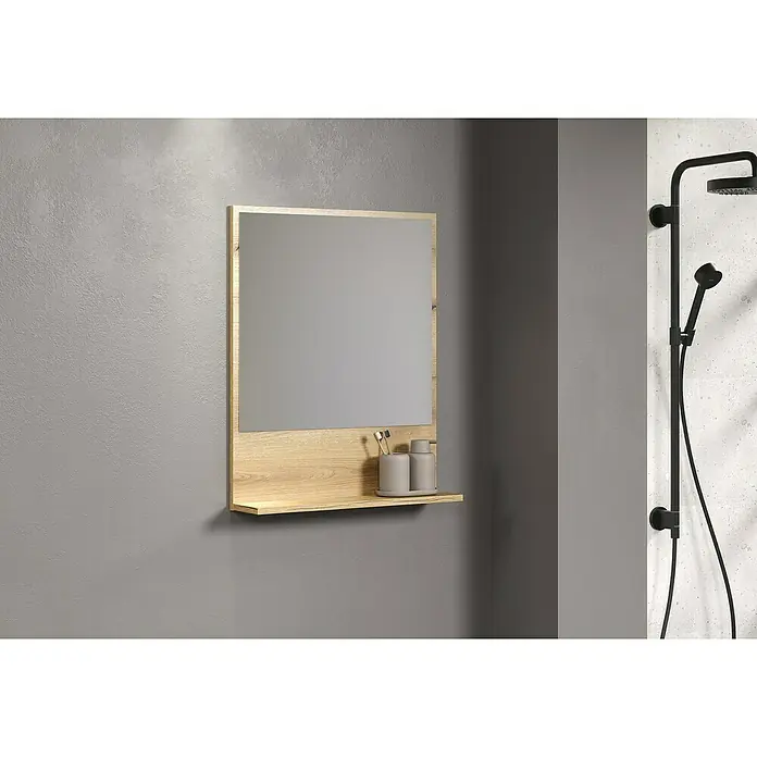 Trendteam Niklas Ablagespiegel - 60 x 14 x 74 cm, Evoke Eiche - Ein stilvoller Badezimmerspiegel mit Holzrahmen und integriertem Regal, ideal für die Aufbewahrung von Badutensilien und zur Dekoration.