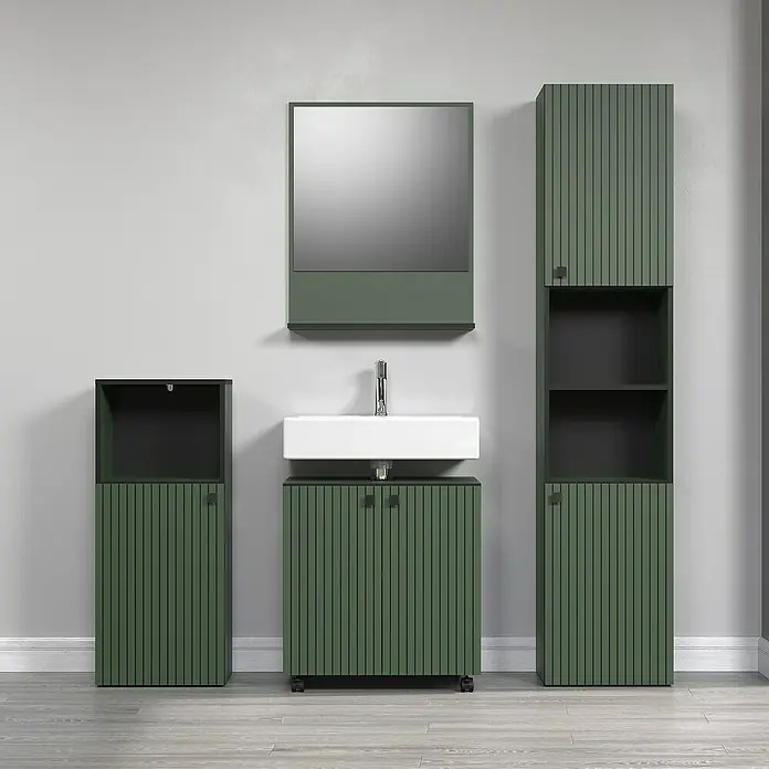 Trendteam Niklas Ablagespiegel - 60 x 14 x 74 cm, Grün - Modernes Badezimmerset mit grünen, geriffelten Schränken, weißem Waschbecken und Spiegel für ein stilvolles Ambiente.