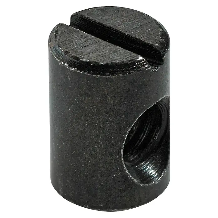 Suki Quermutterbolzen - Ø x L: 6 x 10 mm, M 6 - Nahaufnahme eines zylindrischen Kabelschuhs aus Metall mit Schlitz und seitlicher Bohrung für Kabel, ideal für elektrische Verbindungen.