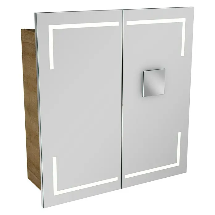 Lanzet K5 Badmöbel-Set K57B2R - 67,9 cm, Berg Eiche - Ein moderner Spiegelschrank mit integrierter Beleuchtung und einem quadratischen Griff, ideal für ein stilvolles Badezimmer.