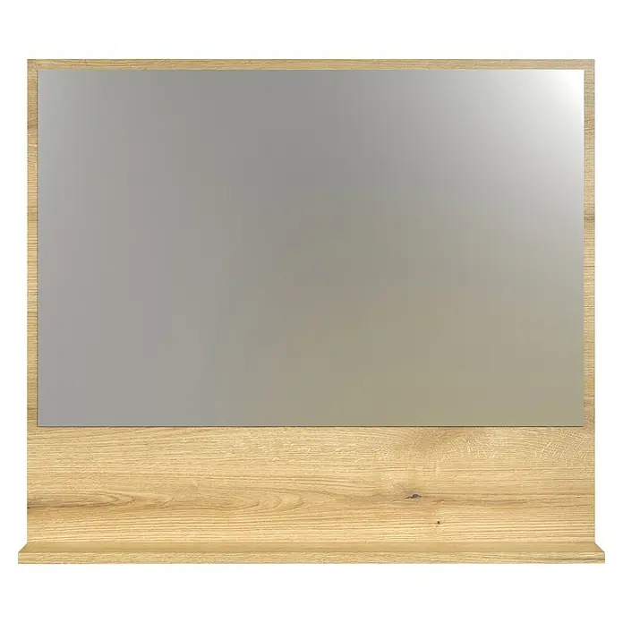 Trendteam Niklas Ablagespiegel - 80 x 14 x 74 cm, Evoke Eiche - Rechteckiger Spiegel mit hellem Holzrahmen und integrierter Ablagefläche unten. Die Spiegelfläche ist silberfarben.