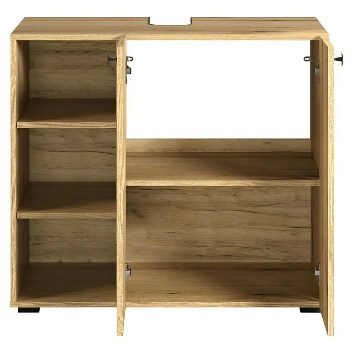 Trendteam Niklas Badmöbel-Set - 90 cm, Evoke Eiche, Strukturiert, Breite Waschbecken: 80 cm - Hellbrauner Holzschrank mit mehreren Fächern und offenen Türen.