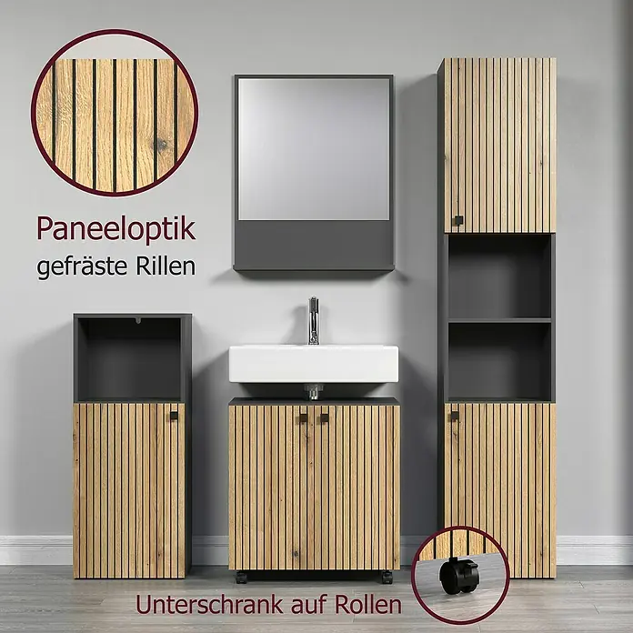 Trendteam Niklas Midischrank - B x T x H: 40 x 31 x 95 cm, Evoke Eiche/Anthrazit, Strukturiert - Badmöbel-Set: Holzoptik-Paneele mit gefrästen Rillen, dunkelgraue Elemente. Waschbeckenunterschrank auf Rollen.