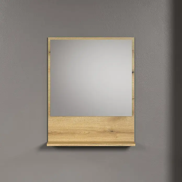 Trendteam Niklas Ablagespiegel - 60 x 14 x 74 cm, Evoke Eiche - Ein quadratischer Spiegel mit Holzrahmen und Ablage an einer grauen Wand.