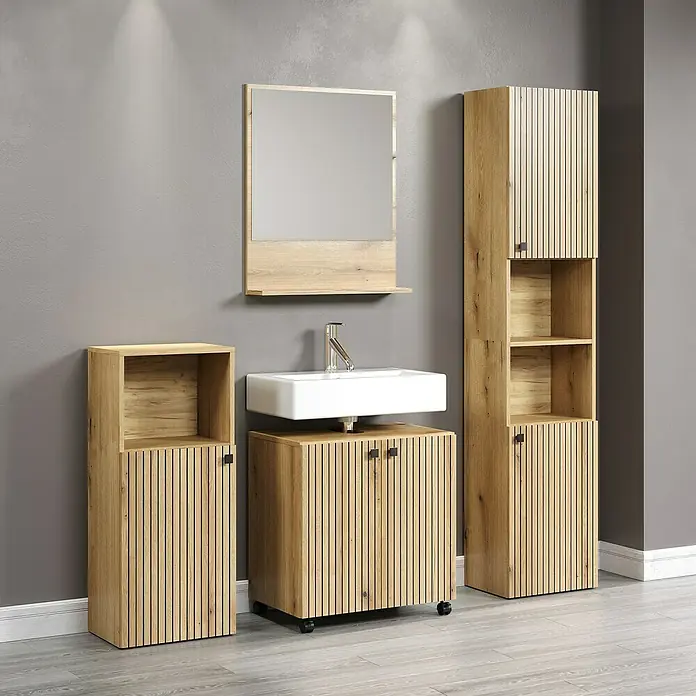 Trendteam Niklas Ablagespiegel - 60 x 14 x 74 cm, Evoke Eiche - Badezimmerset aus hellem Holz mit Waschbecken, Spiegel und Schränken für ein stilvolles und modernes Ambiente.