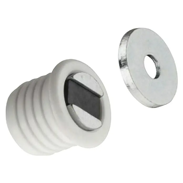 Hettich Magnetverschluss - Haftkraft: 3,5 kg, Ø x L: 13,6 x 17,5 mm, Weiß - Das Bild zeigt eine weiße Schraube mit Schlitzkopf und eine Unterlegscheibe. Ideal für Heimwerker- und Bauprojekte.