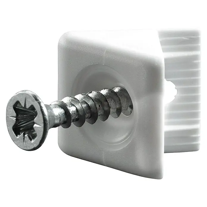 Hettich Rückwandverbinder - L x B: 15 x 11 mm, Kunststoff, Weiß - Nahaufnahme einer Schraube, die in einen weißen Kunststoffdübel eingeschraubt ist, der zur Wandbefestigung verwendet wird.