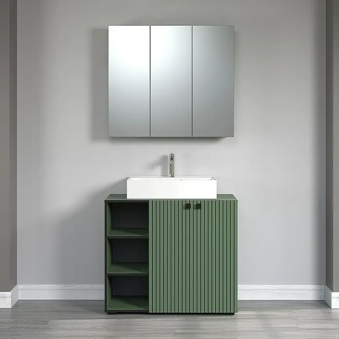 Trendteam Niklas Badmöbel-Set - 90 cm, Grün, Strukturiert, Breite Waschbecken: 60 cm - Grüner Badezimmerschrank mit Waschbecken und Spiegelschrank. Elegantes Design für ein modernes Badezimmer.
