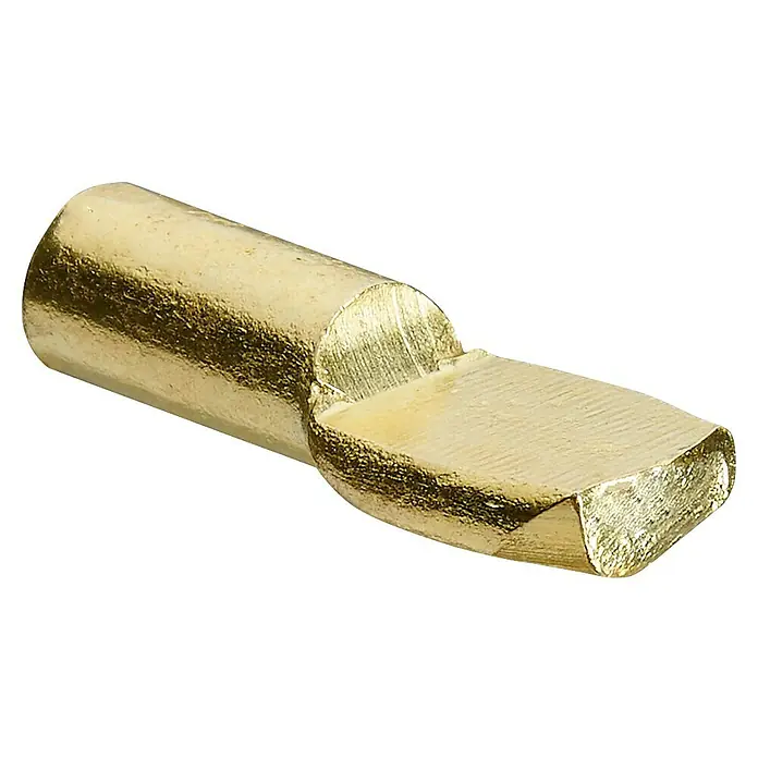 Hettich BodenträgerDurchmesser: 5 mm, Vermessingt - Nahaufnahme eines goldenen Kabelschuhs, der für elektrische Verbindungen verwendet wird und auf einem schwarzen Hintergrund liegt.