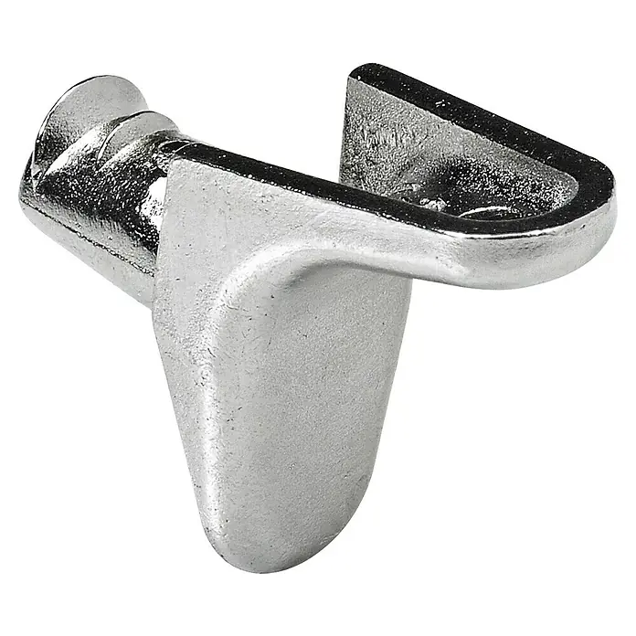 Hettich Bodenträger - Durchmesser: 5 mm, Zink, Vernickelt - Nahaufnahme einer Regalhalterung aus Metall mit Stift für Regale. Das Regalbodenträger ist für sichere und stabile Regale konzipiert.