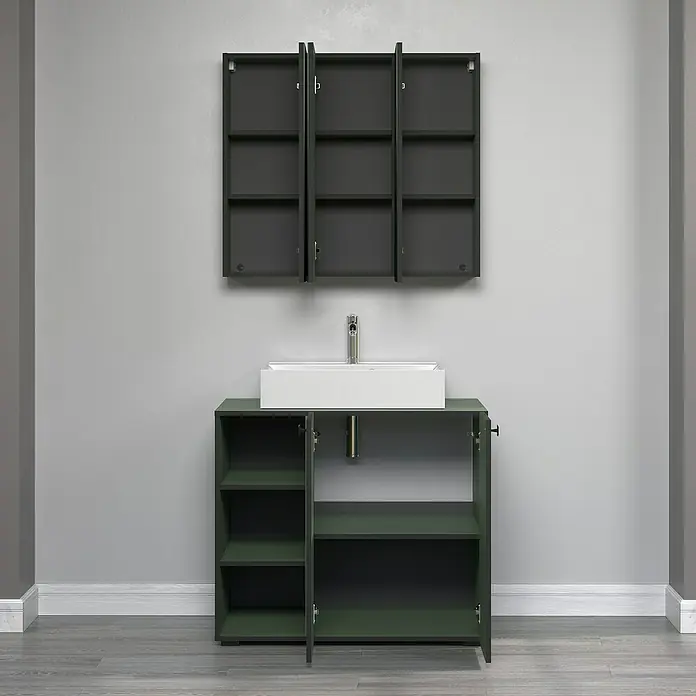 Trendteam Niklas Badmöbel-Set - 90 cm, Grün, Strukturiert, Breite Waschbecken: 60 cm - Badezimmer-Waschtisch mit Unterschrank und Spiegelschrank. Praktische Badmöbel in modernem Design für ein stilvolles Ambiente.