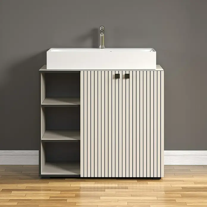 Trendteam Niklas Badmöbel-Set - 90 cm, Kashmir, Strukturiert, Breite Waschbecken: 80 cm - Modernes Badezimmer-Waschbeckenmöbel mit offenem Regal und geriffelten Türen für stilvolle Badaufbewahrung.
