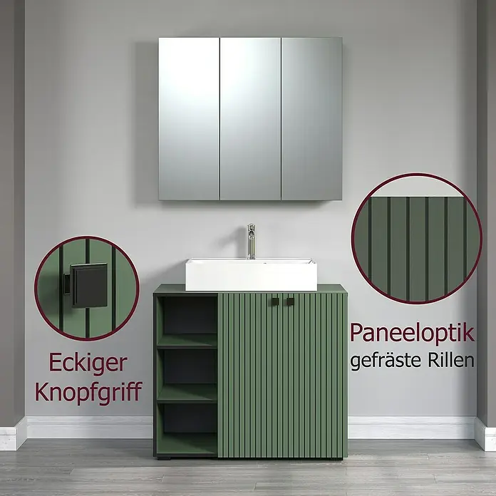 Trendteam Niklas Badmöbel-Set - 90 cm, Grün, Strukturiert, Breite Waschbecken: 60 cm - Grüner Waschtischunterschrank mit gefrästen Rillen, eckigen Griffen und weißem Waschbecken unter Spiegelschrank.