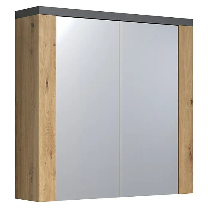 Trendteam Follow Spiegelschrank - B x H: 79 x 78 cm, Artisan Eiche - Wandschrank mit hellen Holzseiten, dunkelgrauer Oberseite und zwei hellgrauen Türen.